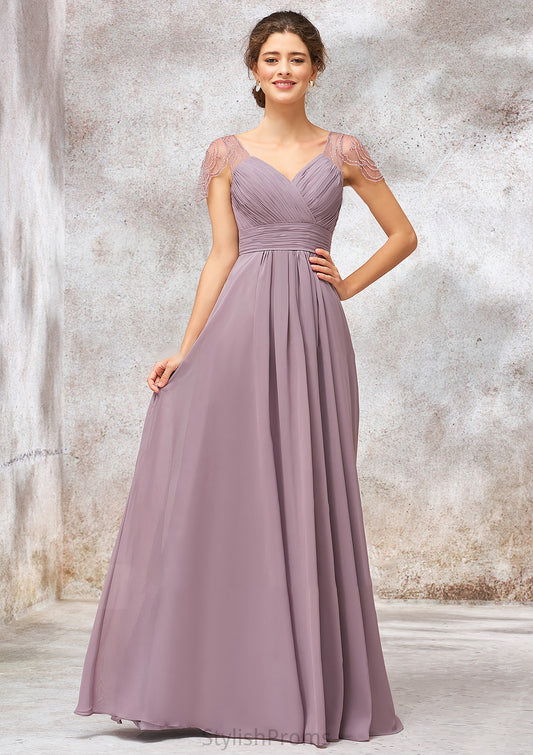 V Neck Long/Floor-Length Chiffon A-line/Princess Bridesmaid Dresses With Pleated Beading Patricia HQP0025416