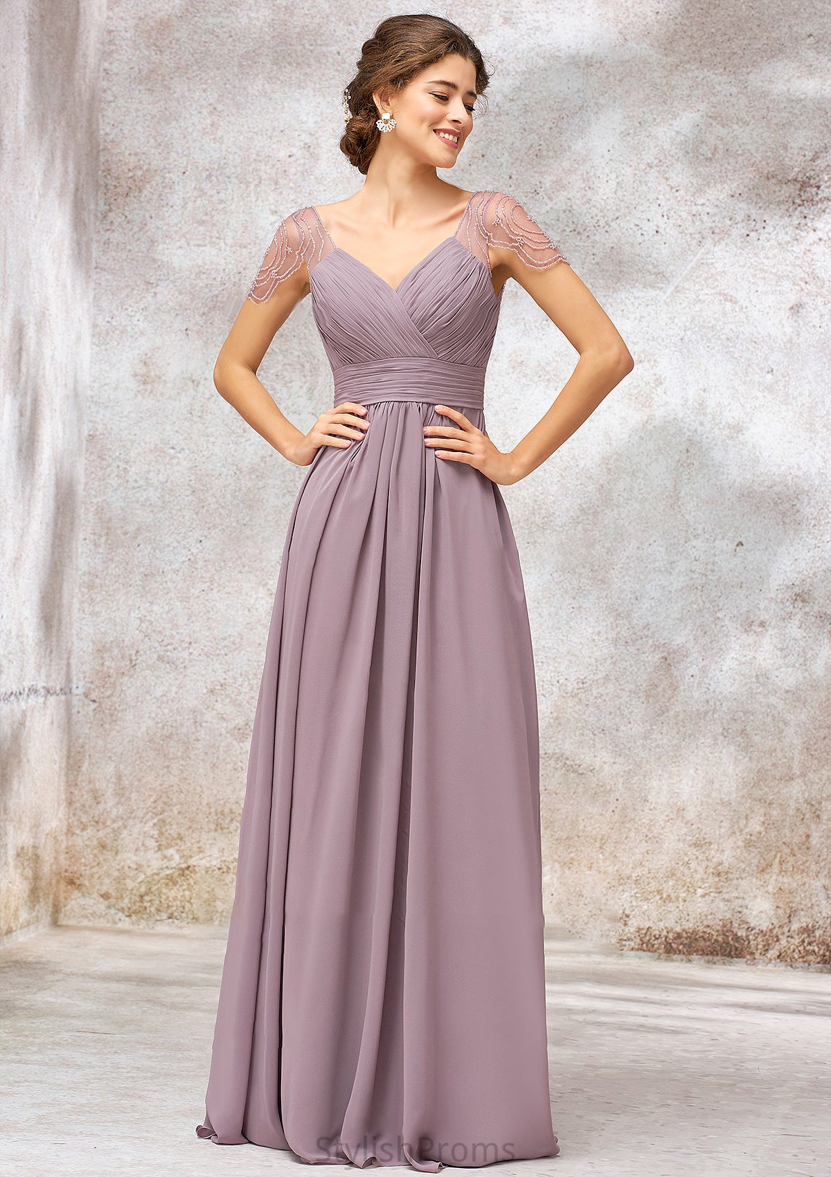 V Neck Long/Floor-Length Chiffon A-line/Princess Bridesmaid Dresses With Pleated Beading Patricia HQP0025416