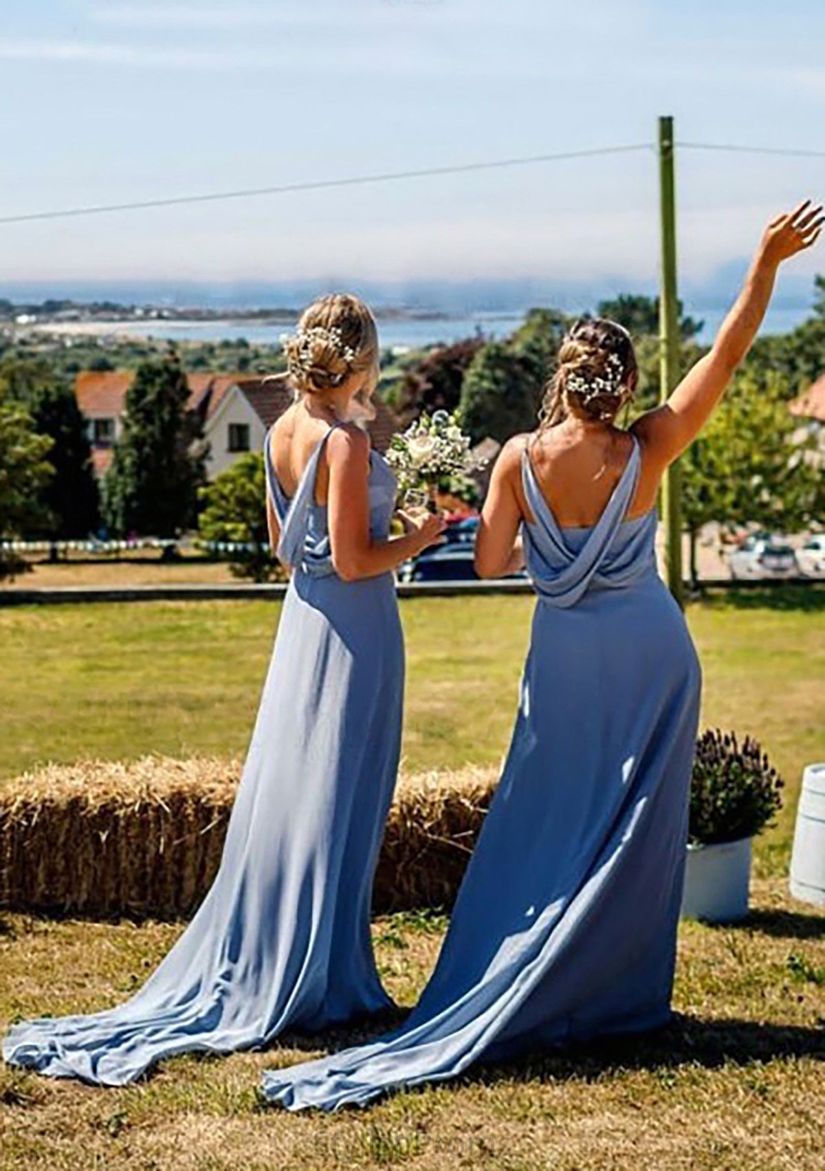 A-line V Neck Sleeveless Court Train Chiffon Bridesmaid Dresses With Pleated Carla HQP0025419