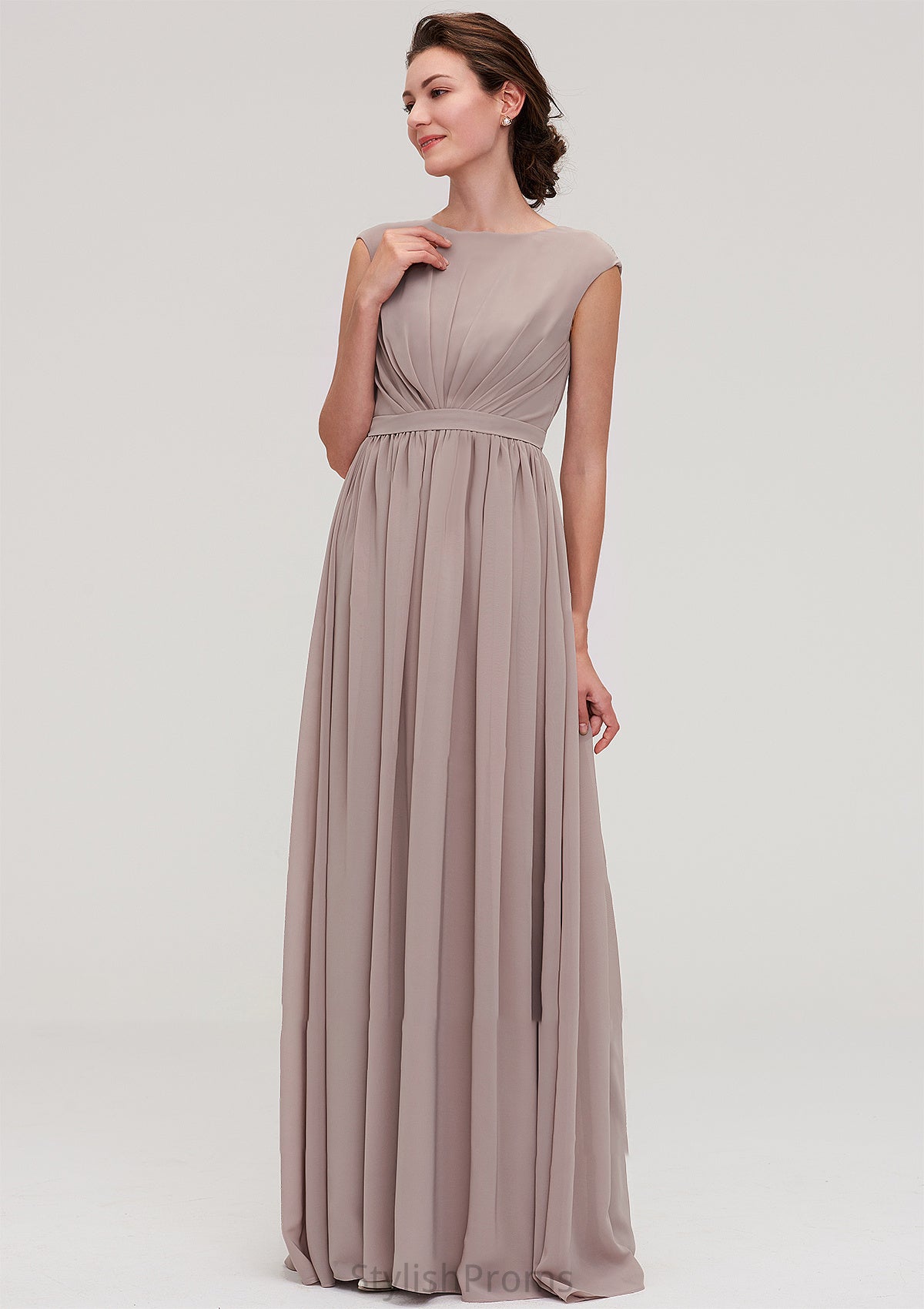 Bateau Sleeveless A-line/Princess Chiffon Long/Floor-Length Bridesmaid Dresses With Pleated Gladys HQP0025420