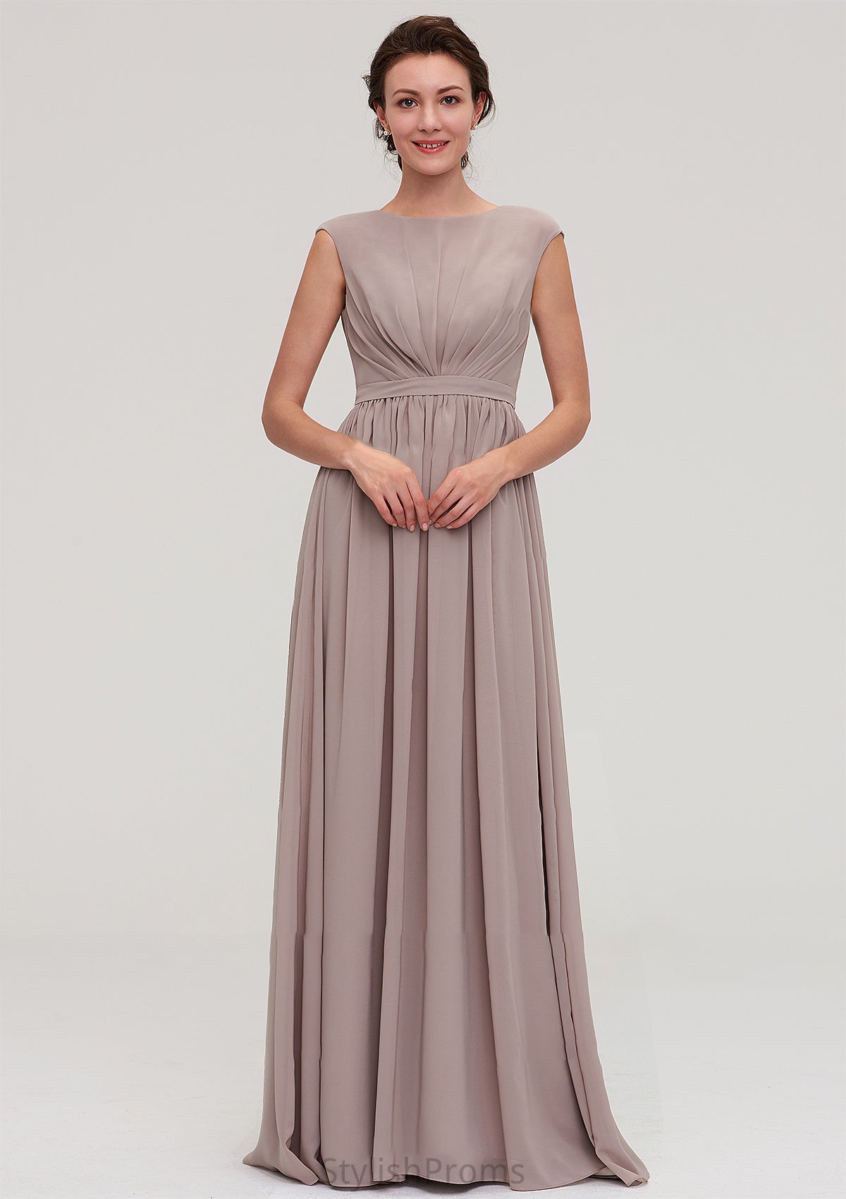 Bateau Sleeveless A-line/Princess Chiffon Long/Floor-Length Bridesmaid Dresses With Pleated Gladys HQP0025420