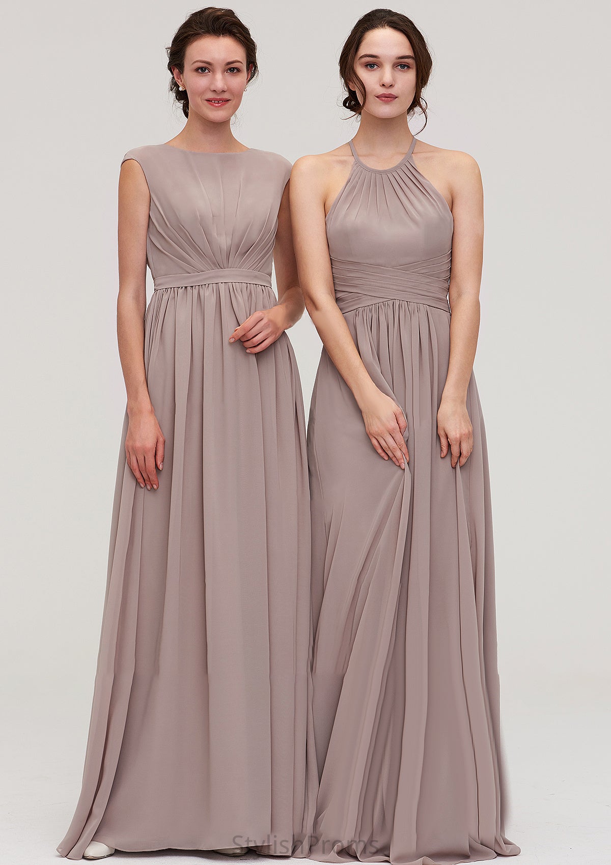 Bateau Sleeveless A-line/Princess Chiffon Long/Floor-Length Bridesmaid Dresses With Pleated Gladys HQP0025420