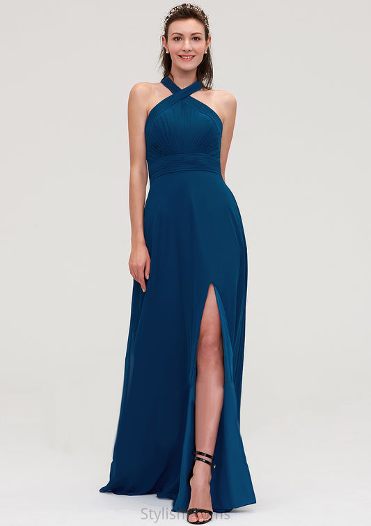 Scalloped Neck Sleeveless A-line/Princess Chiffon Long/Floor-Length Bridesmaid Dresseses With Split Pleated Eliana HQP0025424