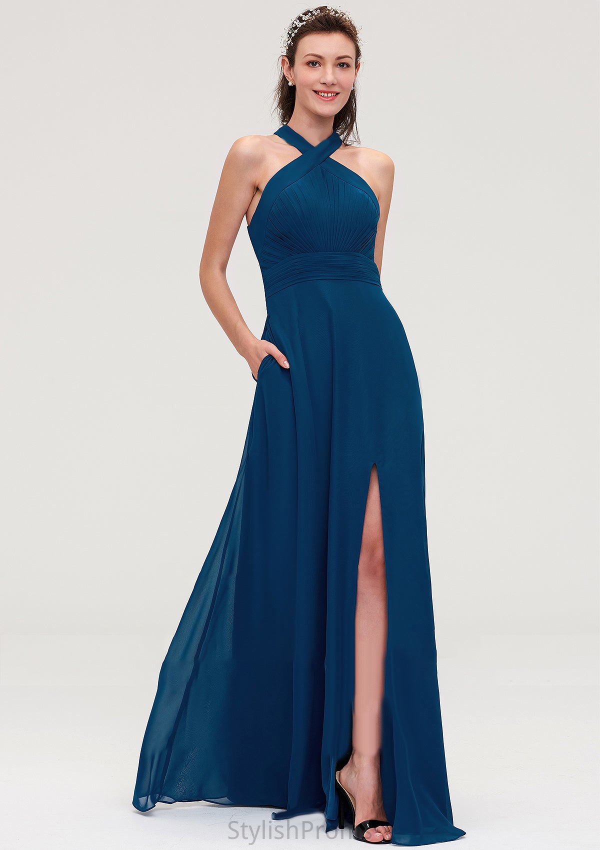 Scalloped Neck Sleeveless A-line/Princess Chiffon Long/Floor-Length Bridesmaid Dresseses With Split Pleated Eliana HQP0025424