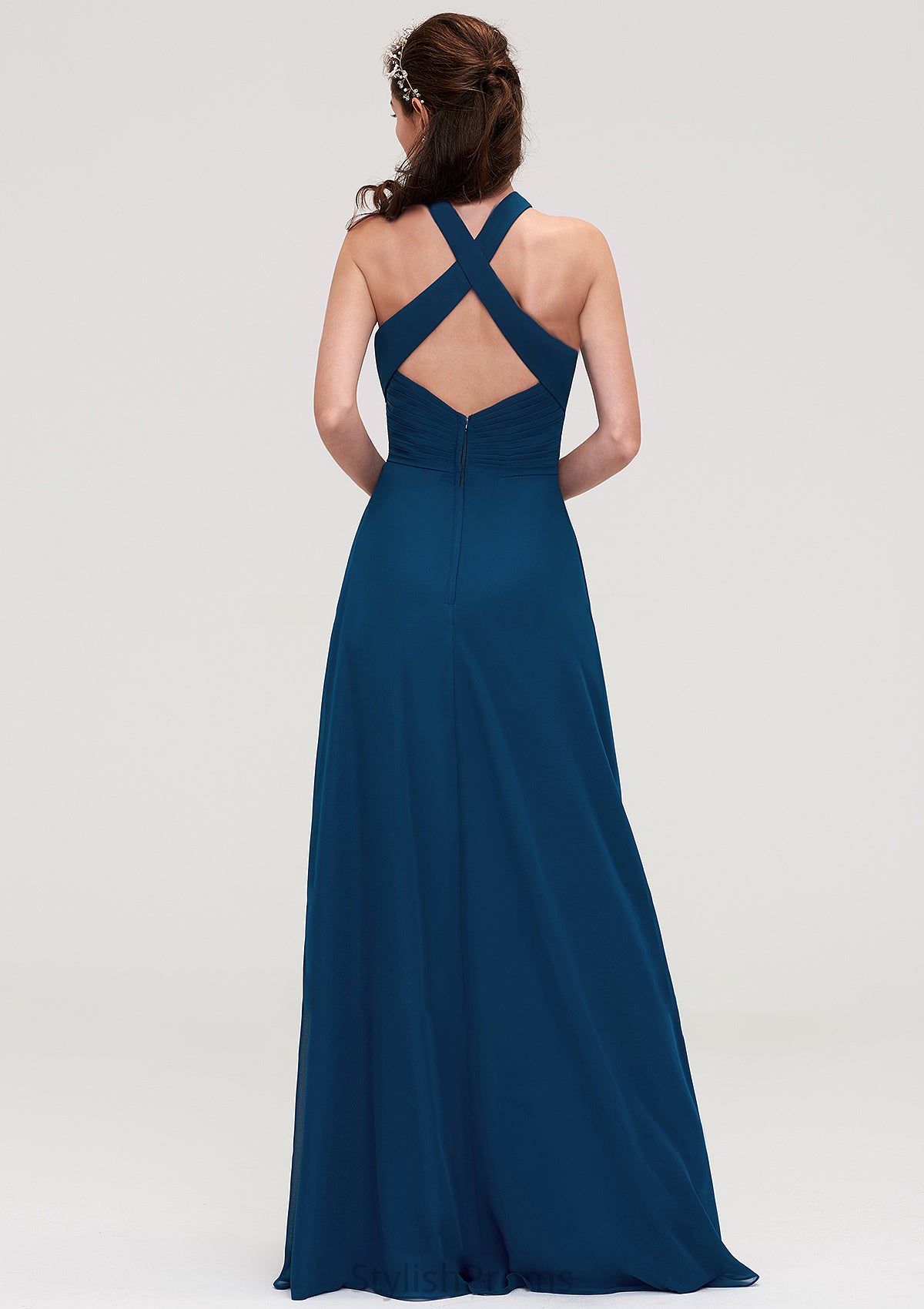 Scalloped Neck Sleeveless A-line/Princess Chiffon Long/Floor-Length Bridesmaid Dresseses With Split Pleated Eliana HQP0025424