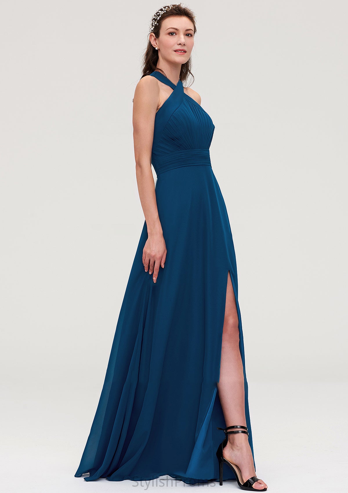 Scalloped Neck Sleeveless A-line/Princess Chiffon Long/Floor-Length Bridesmaid Dresseses With Split Pleated Eliana HQP0025424