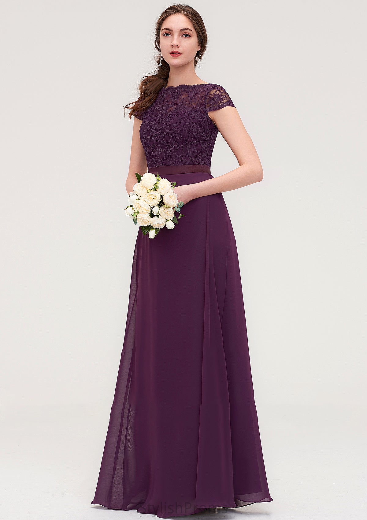 Short Sleeve Bateau Long/Floor-Length  Chiffon A-line/Princess Bridesmaid Dresses With Sashes Lace Elvira HQP0025428