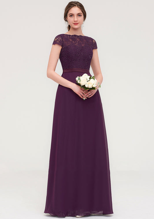 Short Sleeve Bateau Long/Floor-Length  Chiffon A-line/Princess Bridesmaid Dresses With Sashes Lace Elvira HQP0025428