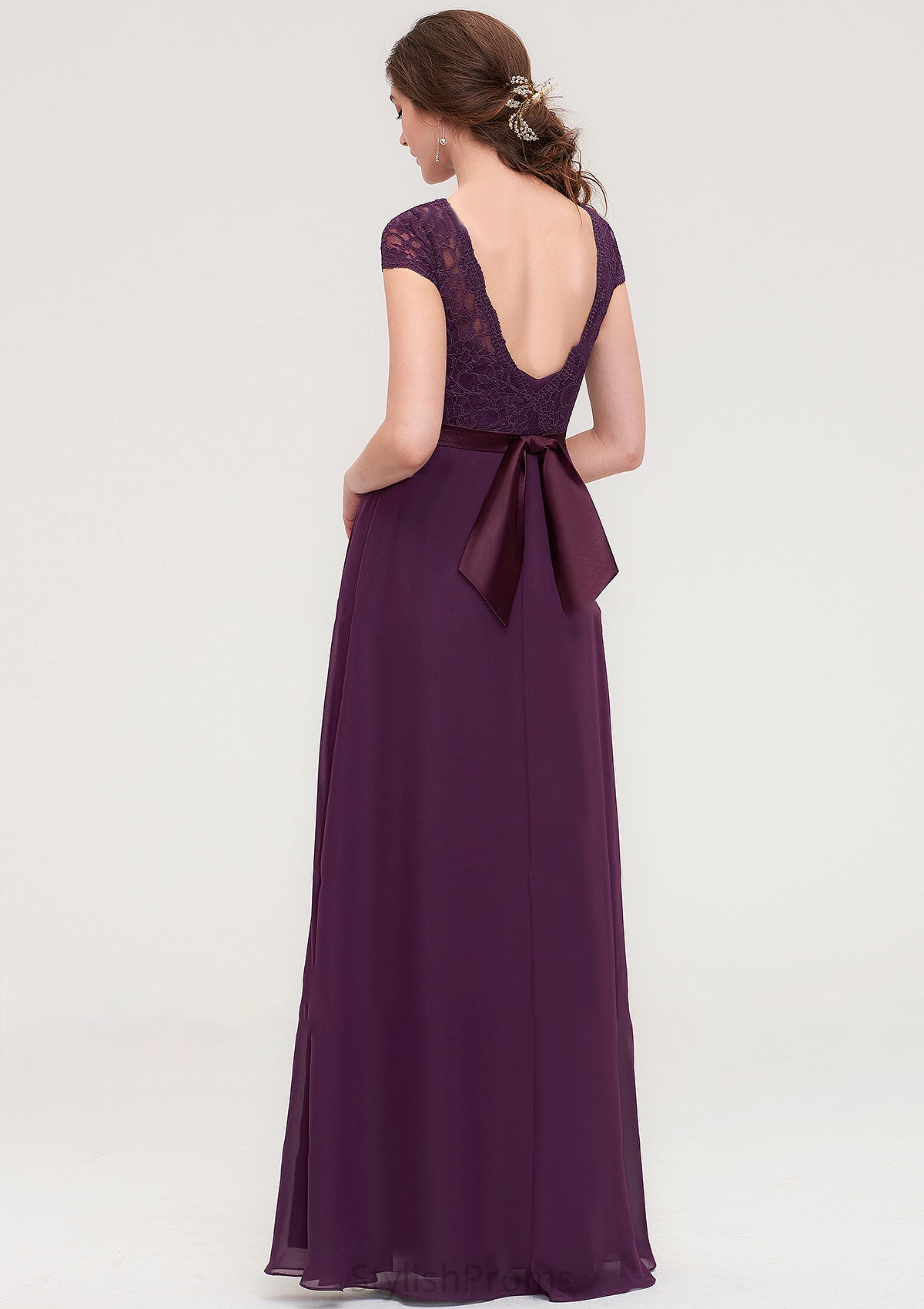 Short Sleeve Bateau Long/Floor-Length  Chiffon A-line/Princess Bridesmaid Dresses With Sashes Lace Elvira HQP0025428