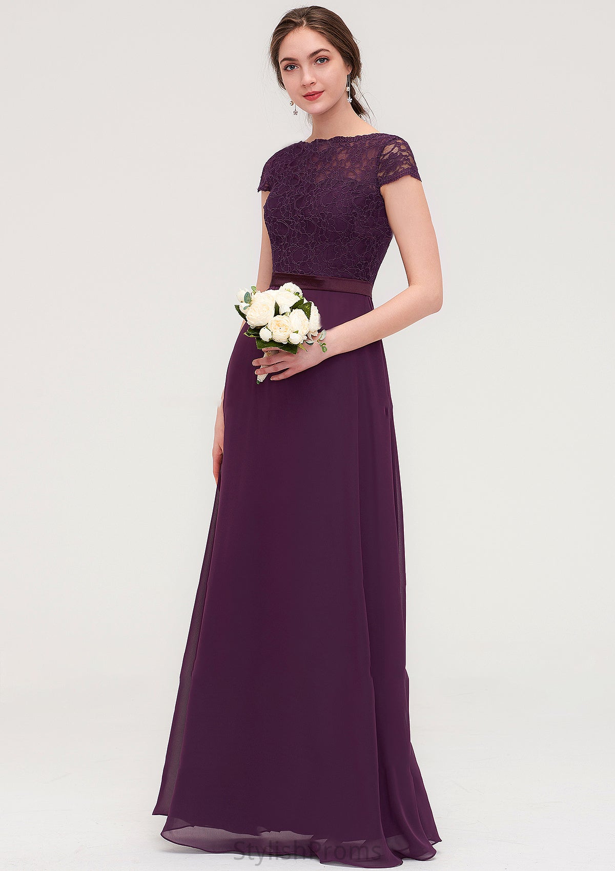 Short Sleeve Bateau Long/Floor-Length  Chiffon A-line/Princess Bridesmaid Dresses With Sashes Lace Elvira HQP0025428