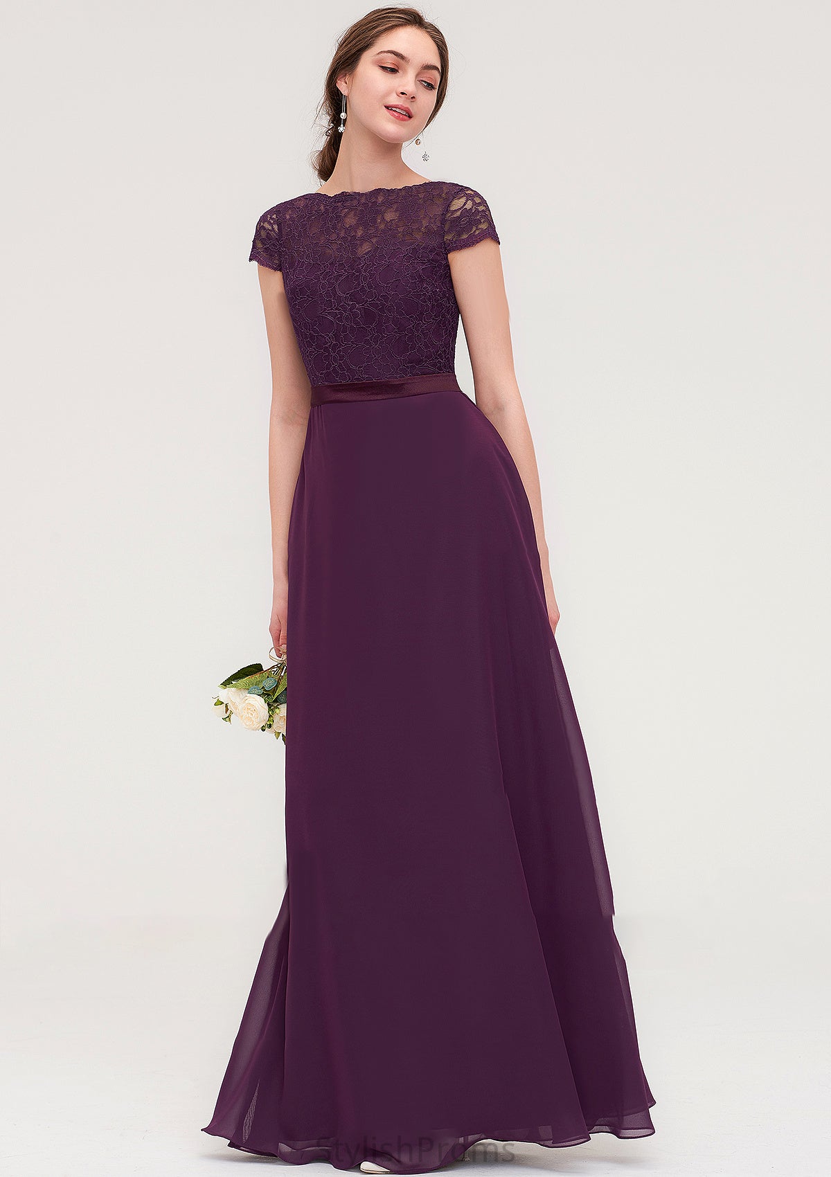 Short Sleeve Bateau Long/Floor-Length  Chiffon A-line/Princess Bridesmaid Dresses With Sashes Lace Elvira HQP0025428