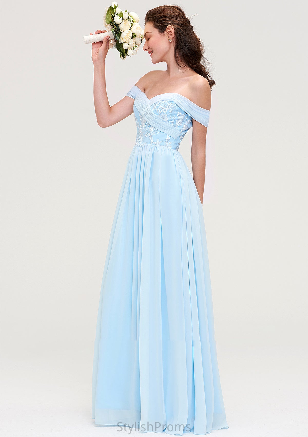 Off-the-Shoulder Sleeveless Chiffon A-line/Princess Long/Floor-Length Bridesmaid Dresseses With Pleated Appliqued Abbigail HQP0025431