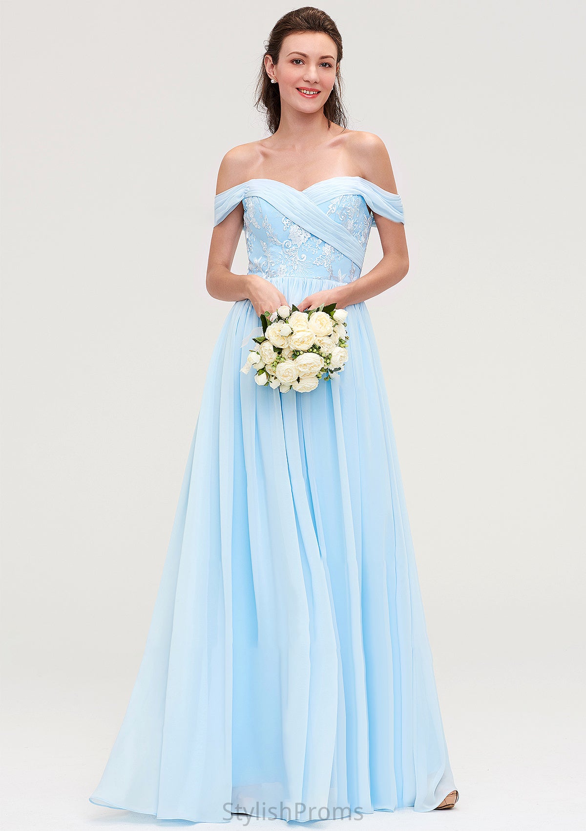 Off-the-Shoulder Sleeveless Chiffon A-line/Princess Long/Floor-Length Bridesmaid Dresseses With Pleated Appliqued Abbigail HQP0025431