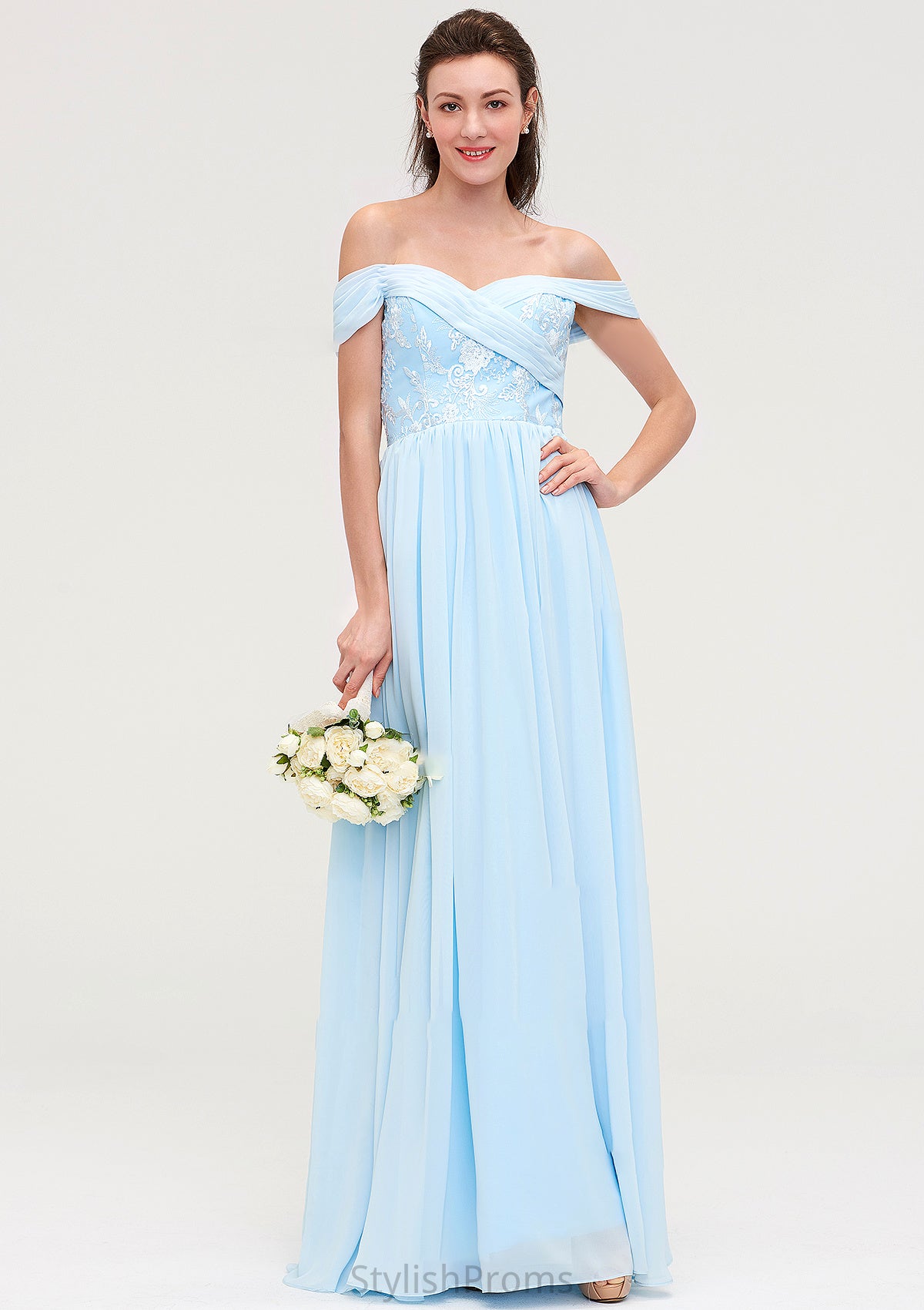 Off-the-Shoulder Sleeveless Chiffon A-line/Princess Long/Floor-Length Bridesmaid Dresseses With Pleated Appliqued Abbigail HQP0025431