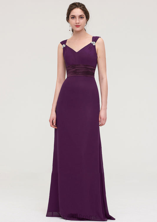 Sleeveless V Neck Long/Floor-Length Sheath/Column Chiffon Bridesmaid Dresses With Sashes Beading Pleated Patricia HQP0025432