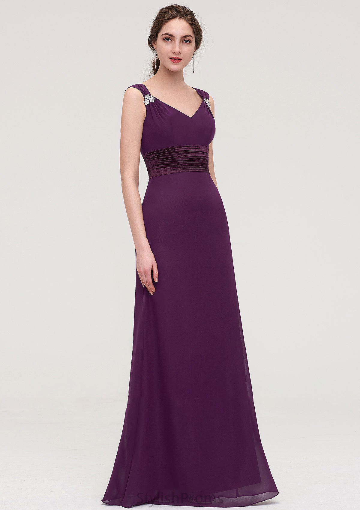 Sleeveless V Neck Long/Floor-Length Sheath/Column Chiffon Bridesmaid Dresses With Sashes Beading Pleated Patricia HQP0025432