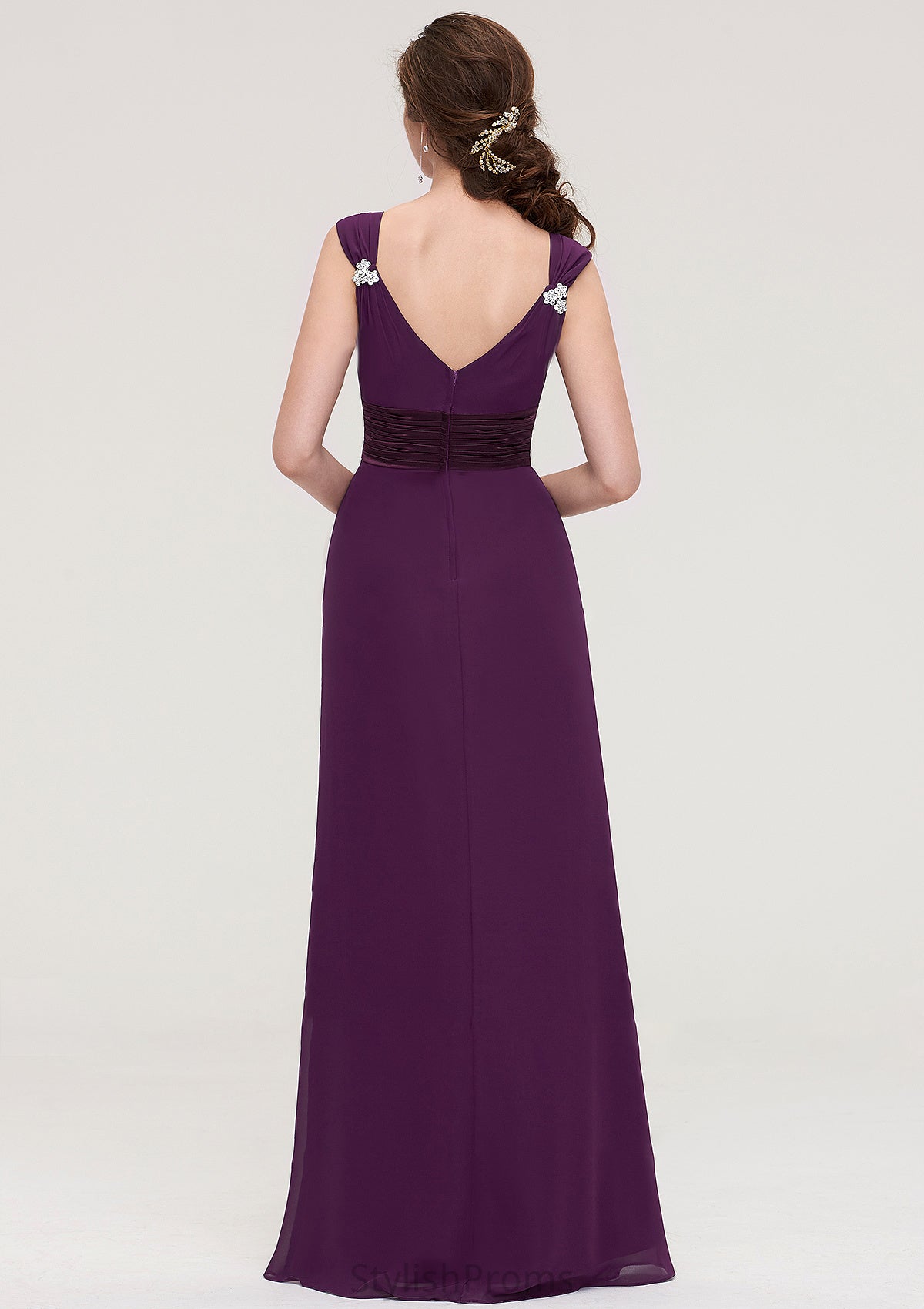 Sleeveless V Neck Long/Floor-Length Sheath/Column Chiffon Bridesmaid Dresses With Sashes Beading Pleated Patricia HQP0025432