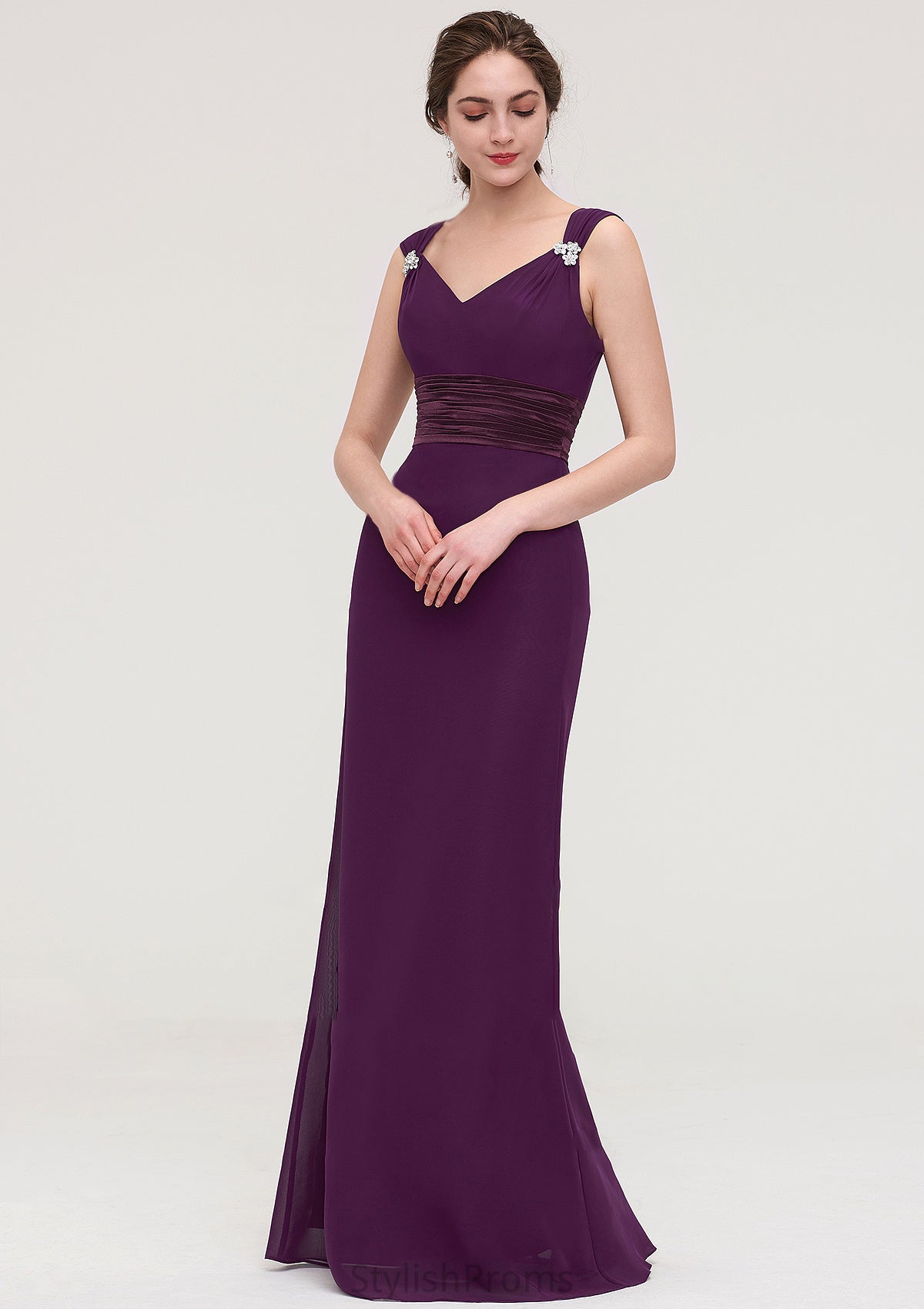 Sleeveless V Neck Long/Floor-Length Sheath/Column Chiffon Bridesmaid Dresses With Sashes Beading Pleated Patricia HQP0025432