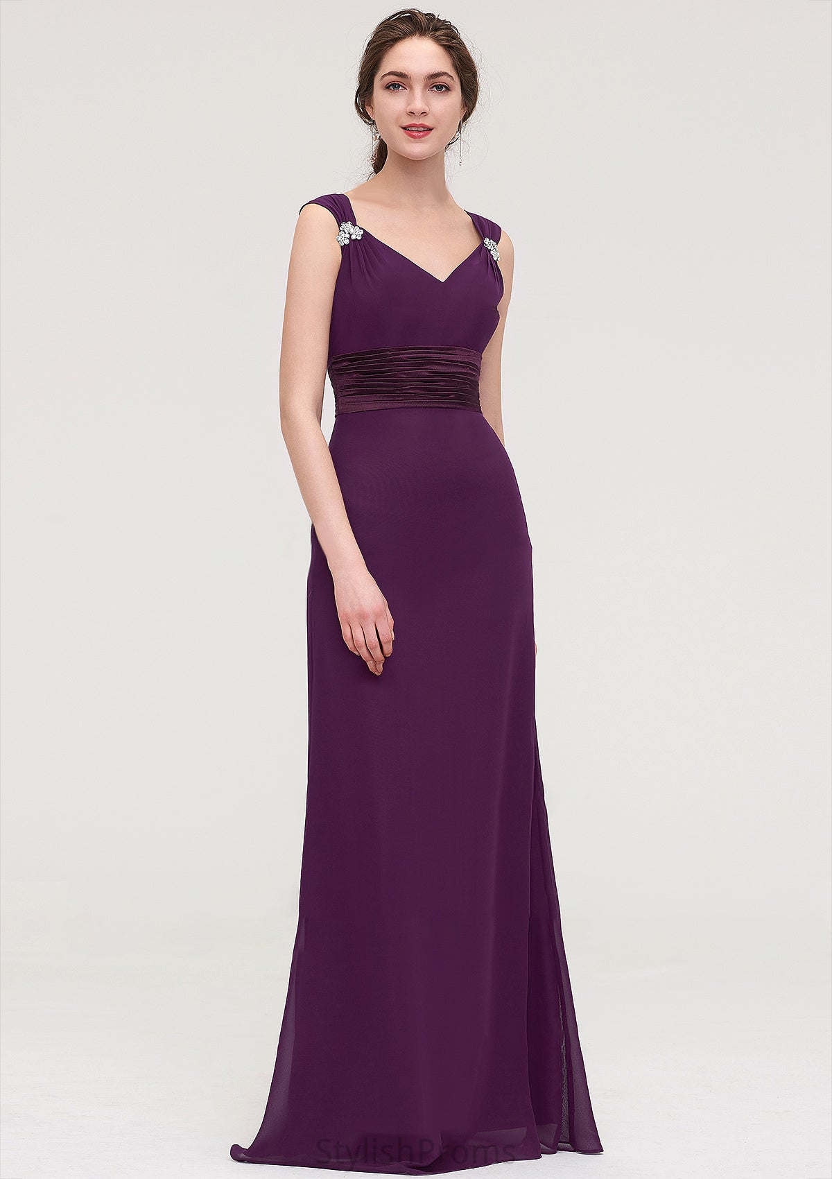 Sleeveless V Neck Long/Floor-Length Sheath/Column Chiffon Bridesmaid Dresses With Sashes Beading Pleated Patricia HQP0025432