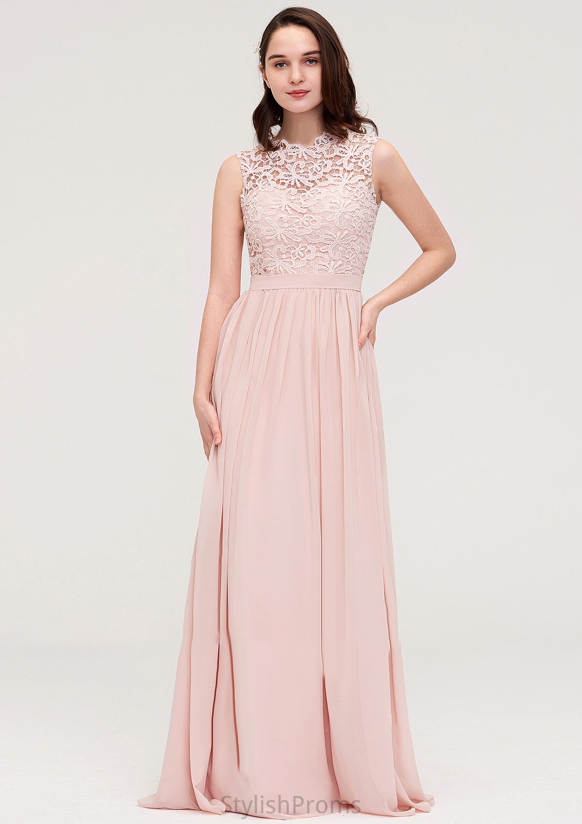 Sleeveless Scalloped Neck Long/Floor-Length Chiffon A-line/Princess Bridesmaid Dresses With Lace Kit HQP0025434