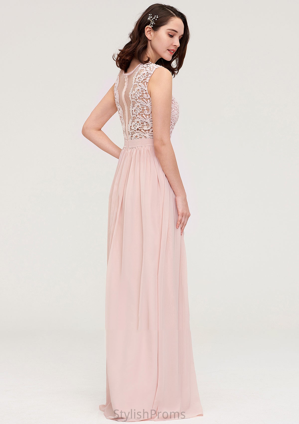 Sleeveless Scalloped Neck Long/Floor-Length Chiffon A-line/Princess Bridesmaid Dresses With Lace Kit HQP0025434