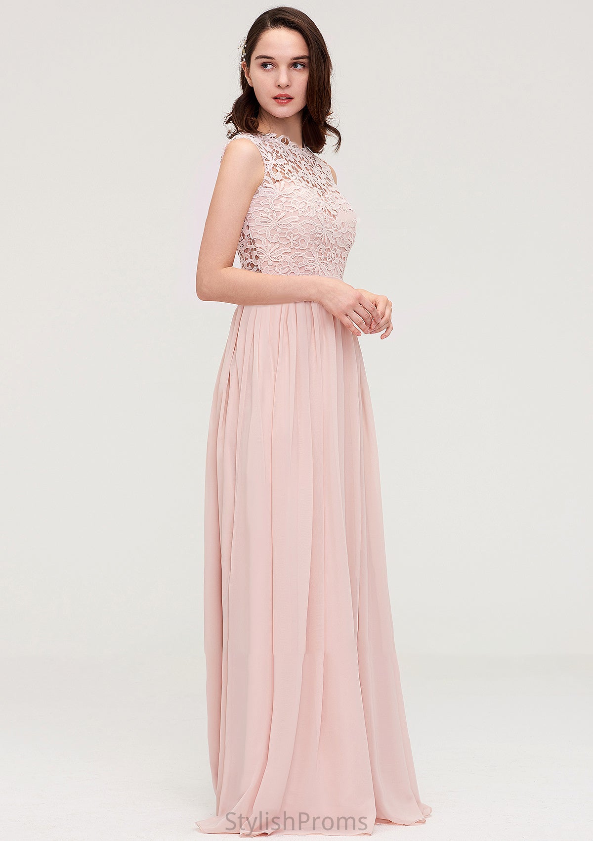 Sleeveless Scalloped Neck Long/Floor-Length Chiffon A-line/Princess Bridesmaid Dresses With Lace Kit HQP0025434