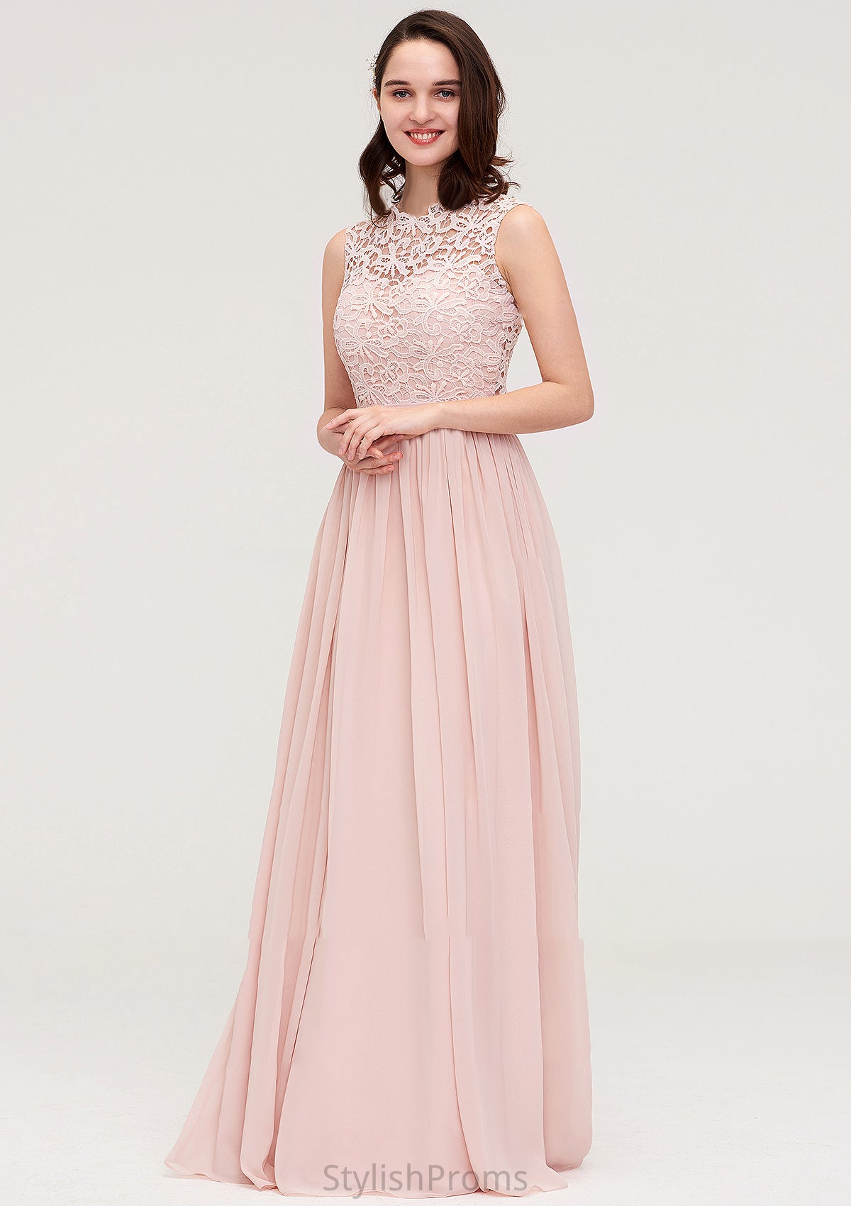 Sleeveless Scalloped Neck Long/Floor-Length Chiffon A-line/Princess Bridesmaid Dresses With Lace Kit HQP0025434