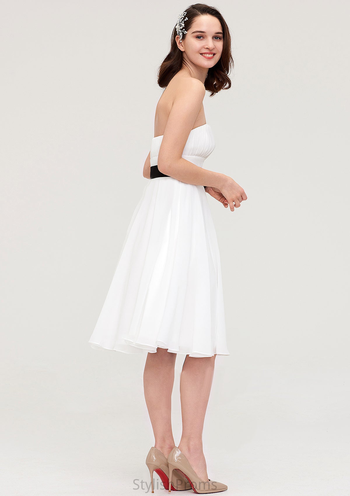 Strapless Sleeveless Knee-Length Chiffon A-line/Princess Bridesmaid Dresses With Pleated Sashes Emilee HQP0025436