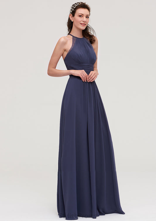 Scoop Neck Sleeveless A-line/Princess Chiffon Long/Floor-Length Bridesmaid Dresseses With Pleated Appliqued Jacquelyn HQP0025439