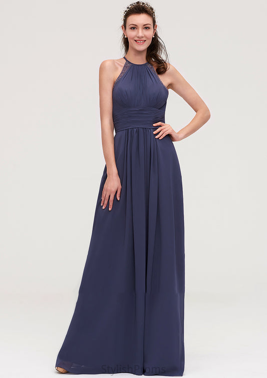 Scoop Neck Sleeveless A-line/Princess Chiffon Long/Floor-Length Bridesmaid Dresseses With Pleated Appliqued Jacquelyn HQP0025439