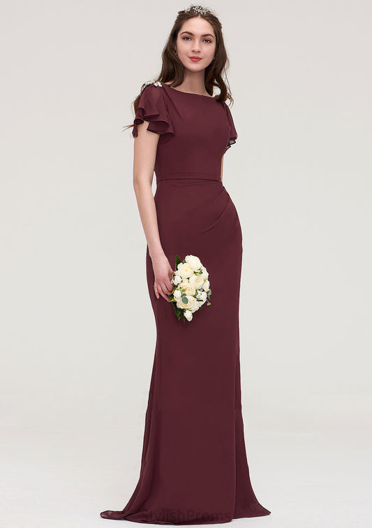 Short Sleeve Bateau Long/Floor-Length Sheath/Column Chiffon Bridesmaid Dresses With Crystal Detailing Sashes Grace HQP0025440