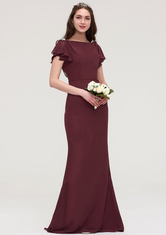 Short Sleeve Bateau Long/Floor-Length Sheath/Column Chiffon Bridesmaid Dresses With Crystal Detailing Sashes Grace HQP0025440