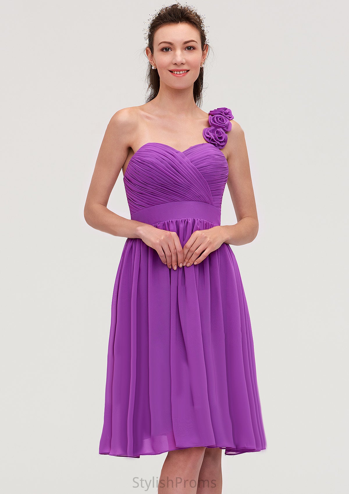 One-Shoulder Sleeveless Knee-Length Chiffon A-line/Princess Bridesmaid Dresseses With Pleated Flowers Angelique HQP0025441