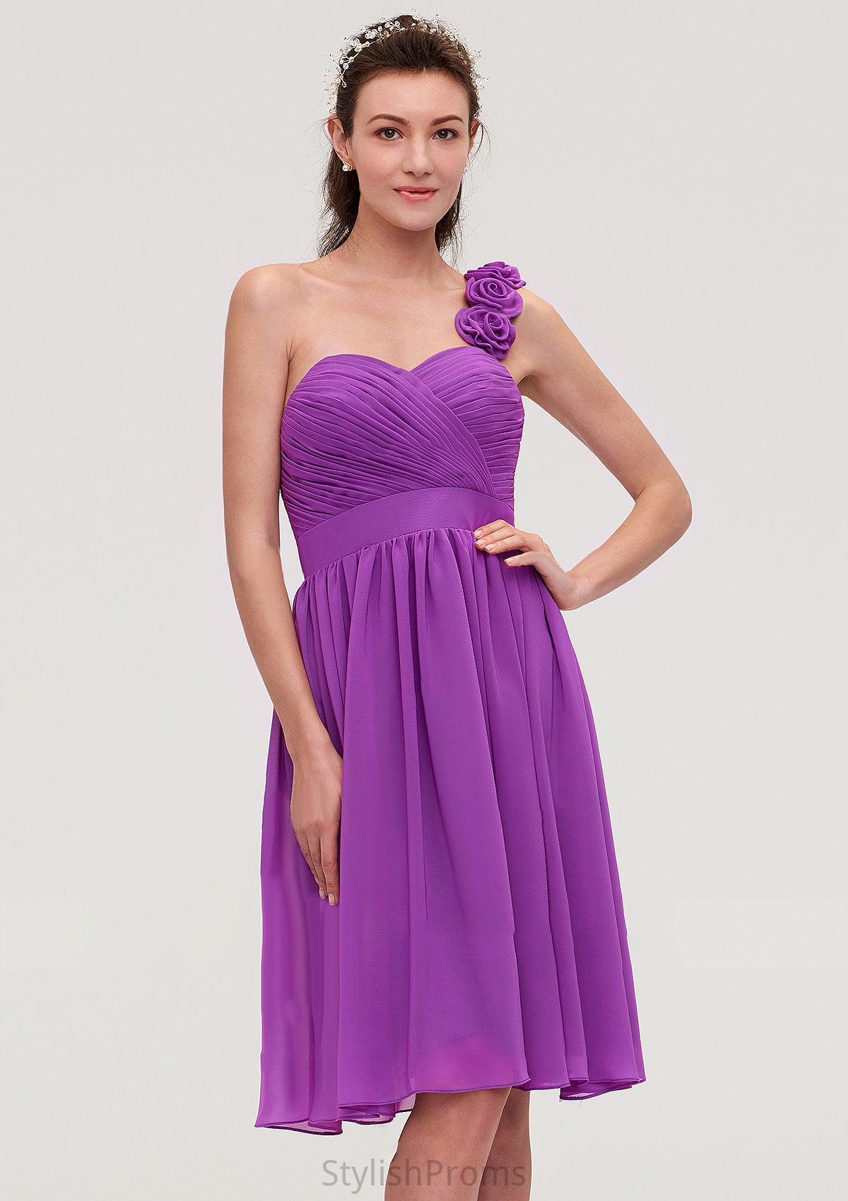 One-Shoulder Sleeveless Knee-Length Chiffon A-line/Princess Bridesmaid Dresseses With Pleated Flowers Angelique HQP0025441