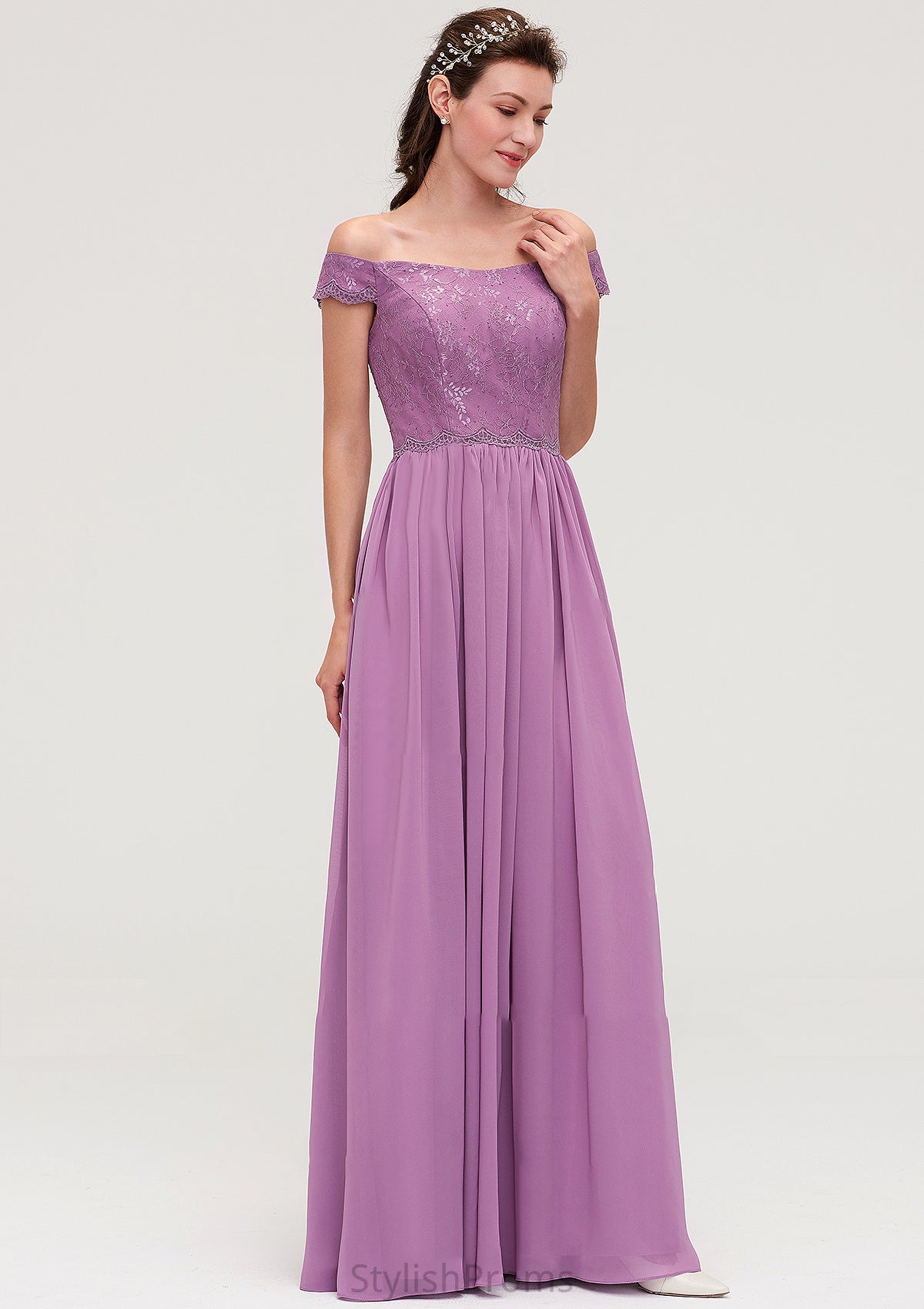 Sleeveless Off-the-Shoulder Long/Floor-Length Chiffon A-line/Princess Bridesmaid Dresseses With Appliqued Elianna HQP0025442