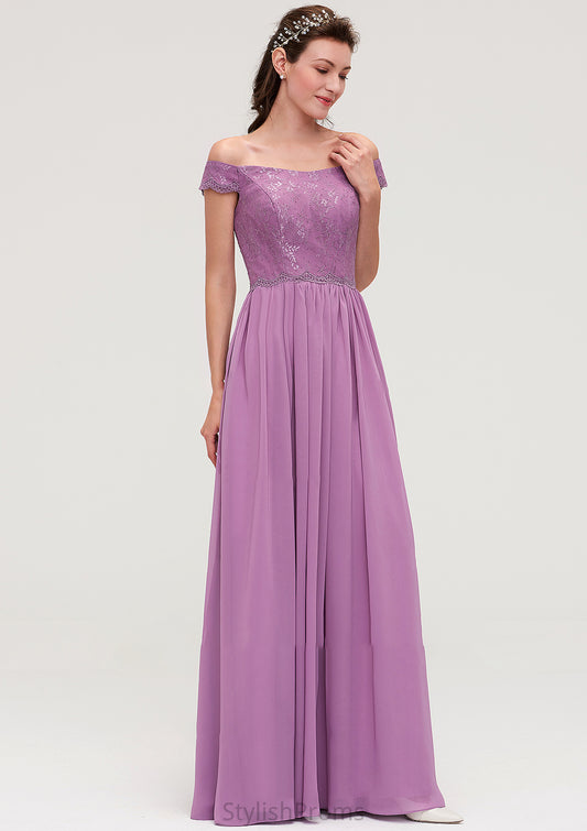 Sleeveless Off-the-Shoulder Long/Floor-Length Chiffon A-line/Princess Bridesmaid Dresseses With Appliqued Elianna HQP0025442