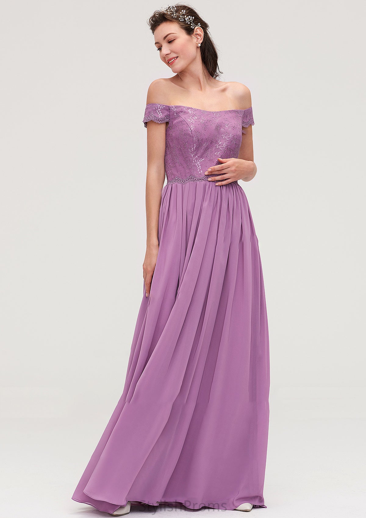 Sleeveless Off-the-Shoulder Long/Floor-Length Chiffon A-line/Princess Bridesmaid Dresseses With Appliqued Elianna HQP0025442