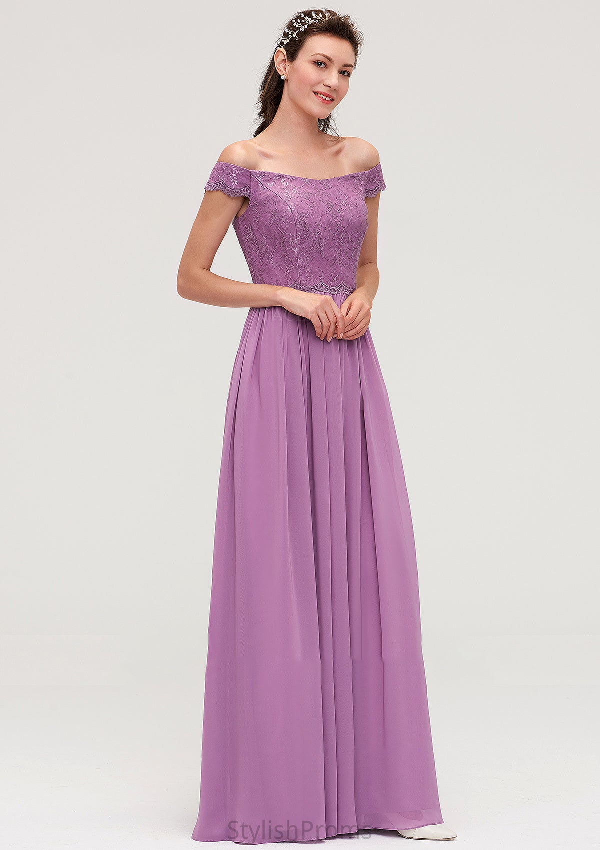 Sleeveless Off-the-Shoulder Long/Floor-Length Chiffon A-line/Princess Bridesmaid Dresseses With Appliqued Elianna HQP0025442