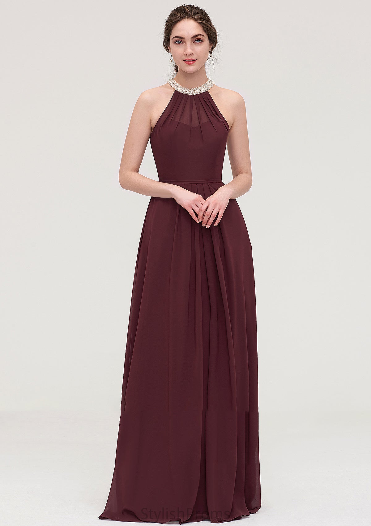 Sleeveless Halter Long/Floor-Length Chiffon A-line/Princess Bridesmaid Dresses With Beading Pleated Precious HQP0025445