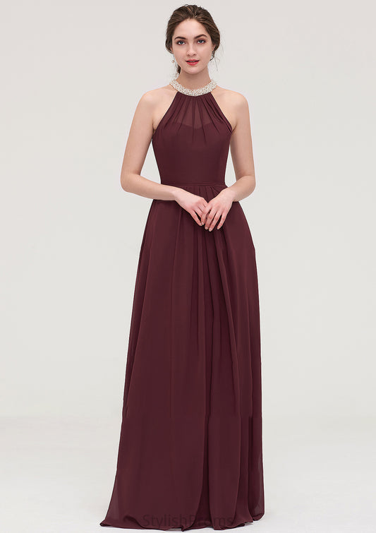 Sleeveless Halter Long/Floor-Length Chiffon A-line/Princess Bridesmaid Dresses With Beading Pleated Precious HQP0025445