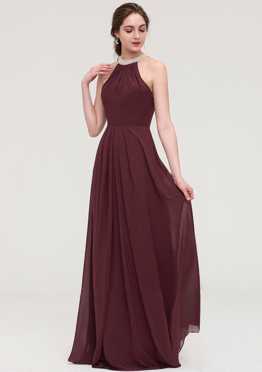 Sleeveless Halter Long/Floor-Length Chiffon A-line/Princess Bridesmaid Dresses With Beading Pleated Precious HQP0025445