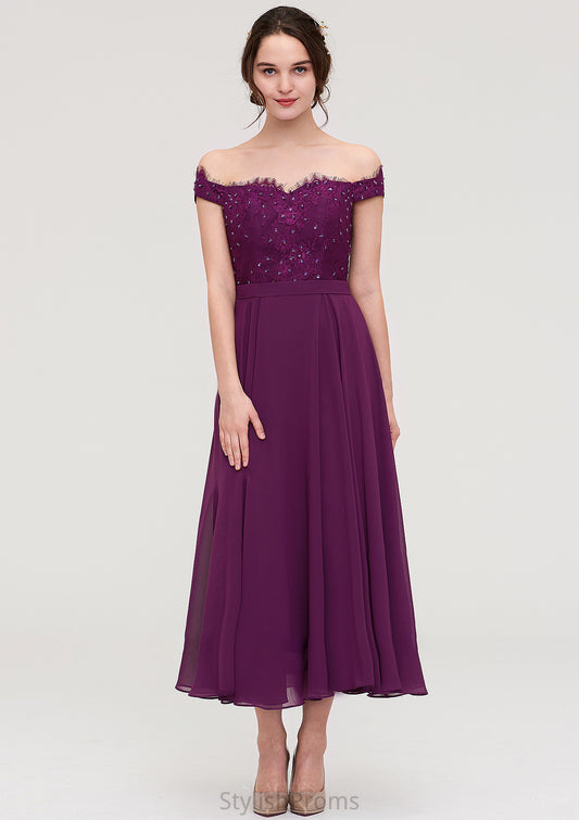 Off-the-Shoulder Sleeveless Tea-Length Chiffon A-line/Princess Bridesmaid Dresses With Lace Beading Perla HQP0025446