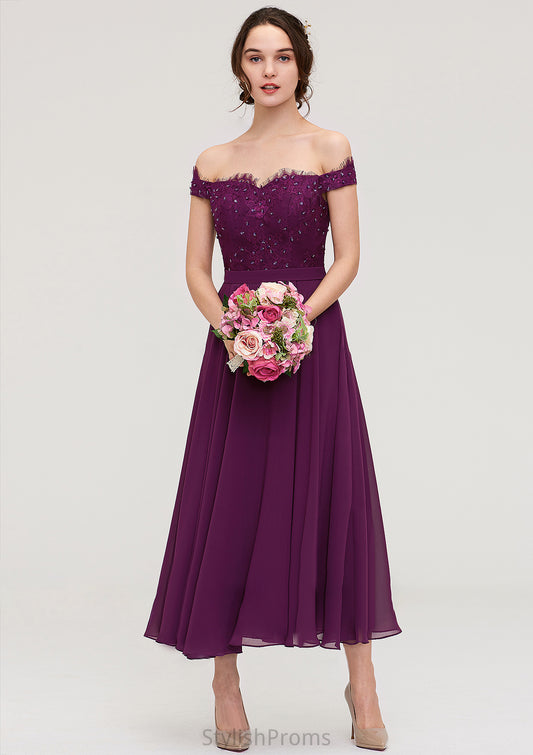 Off-the-Shoulder Sleeveless Tea-Length Chiffon A-line/Princess Bridesmaid Dresses With Lace Beading Perla HQP0025446