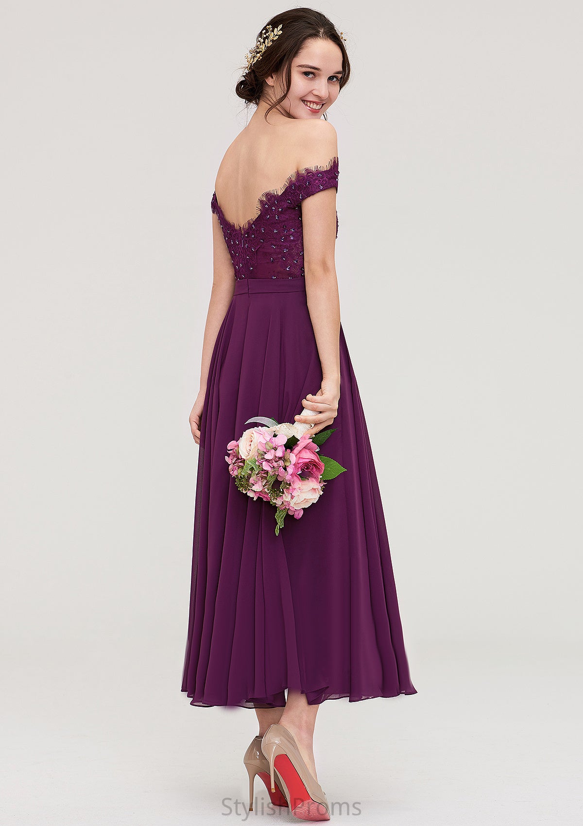 Off-the-Shoulder Sleeveless Tea-Length Chiffon A-line/Princess Bridesmaid Dresses With Lace Beading Perla HQP0025446