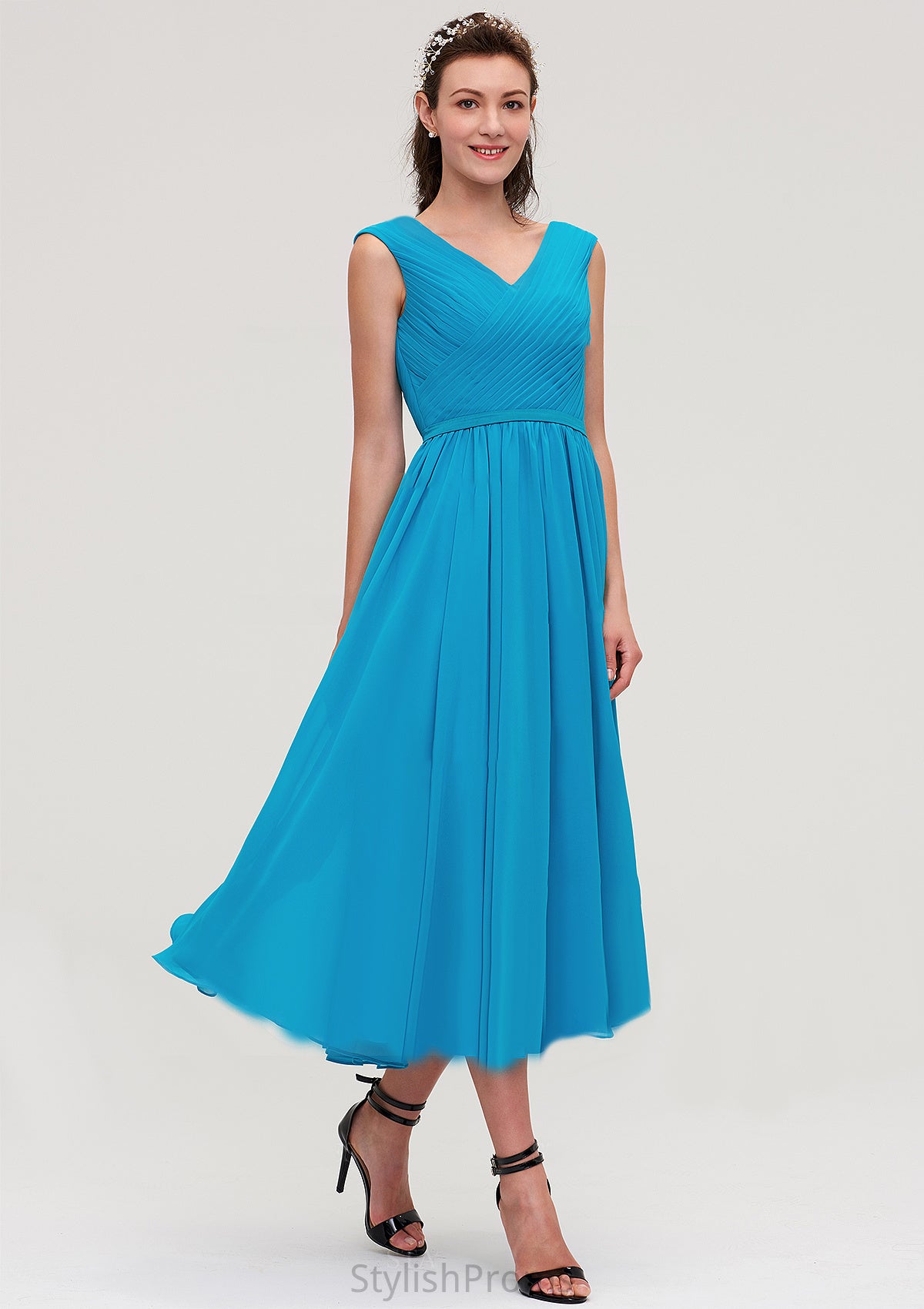 Sleeveless V Neck Tea-Length Chiffon A-line/Princess Bridesmaid Dresseses With Pleated Jamiya HQP0025448