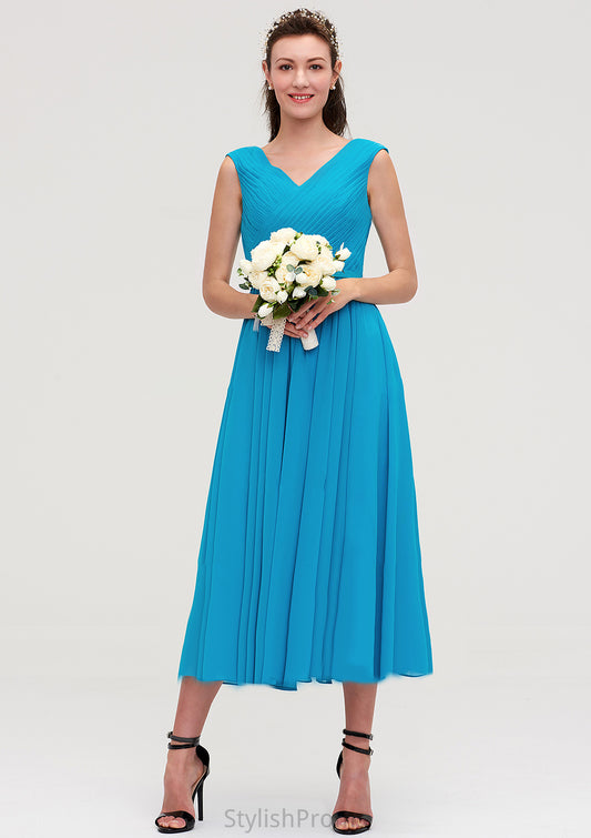 Sleeveless V Neck Tea-Length Chiffon A-line/Princess Bridesmaid Dresseses With Pleated Jamiya HQP0025448