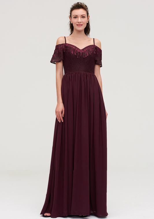 Off-the-Shoulder Sleeveless Chiffon A-line/Princess Long/Floor-Length Bridesmaid Dresseses With Lace Kailee HQP0025449