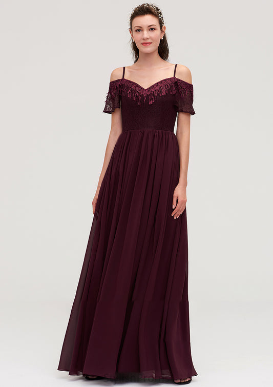 Off-the-Shoulder Sleeveless Chiffon A-line/Princess Long/Floor-Length Bridesmaid Dresseses With Lace Kailee HQP0025449