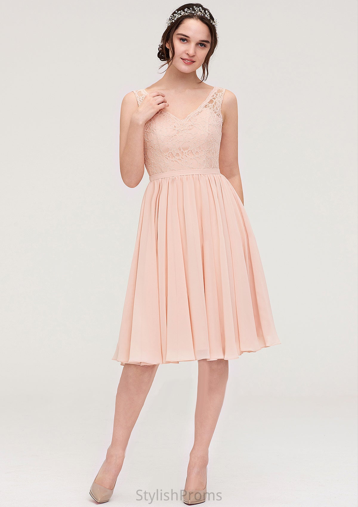 Sleeveless V Neck A-line/Princess Chiffon Knee-Length Bridesmaid Dresses With Lace Sadie HQP0025453