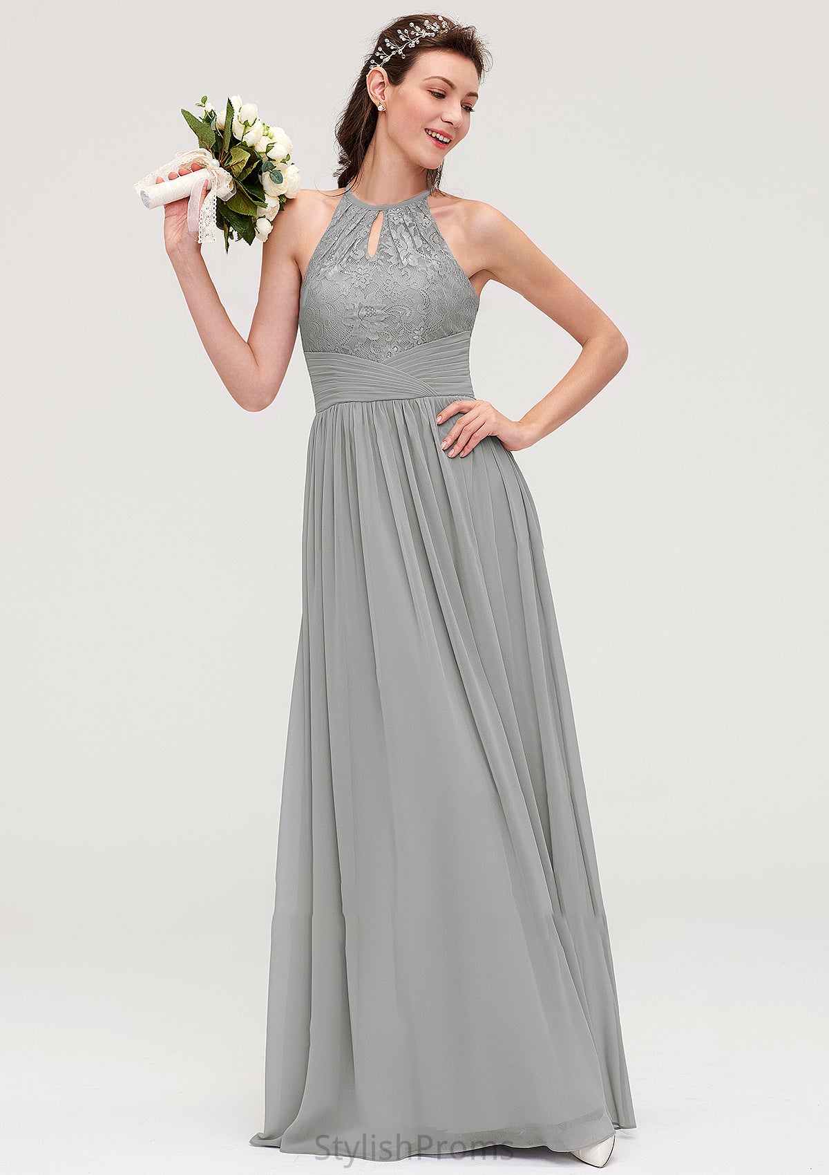 Sleeveless Scoop Neck Chiffon A-line/Princess Long/Floor-Length Bridesmaid Dresseses With Pleated Lace Maribel HQP0025460